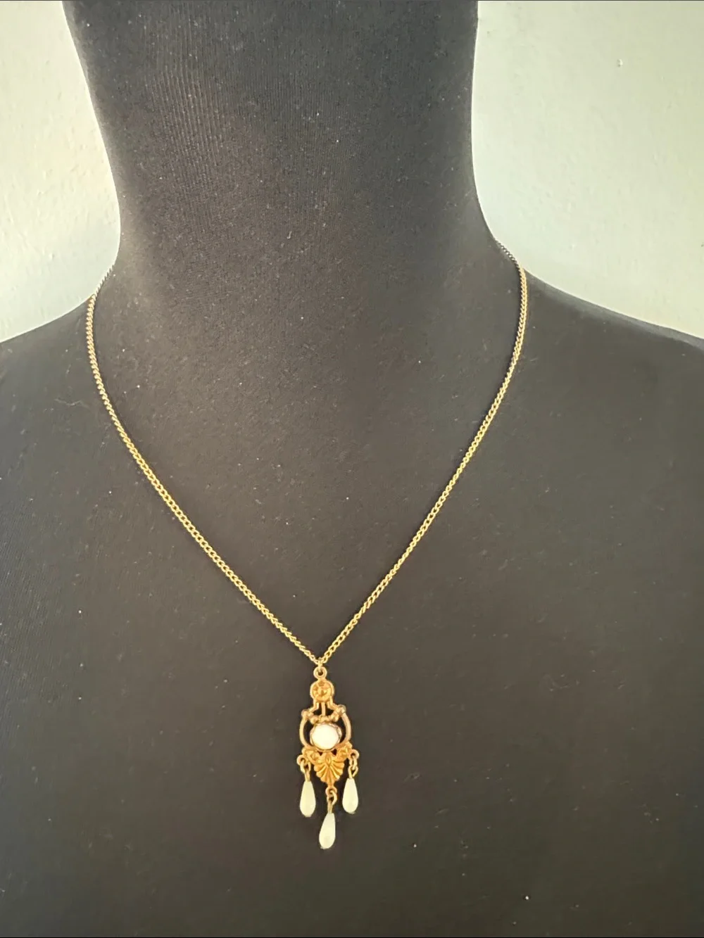 Vintage Gold Pendant Necklace with White Teardrop Drops - Vintage